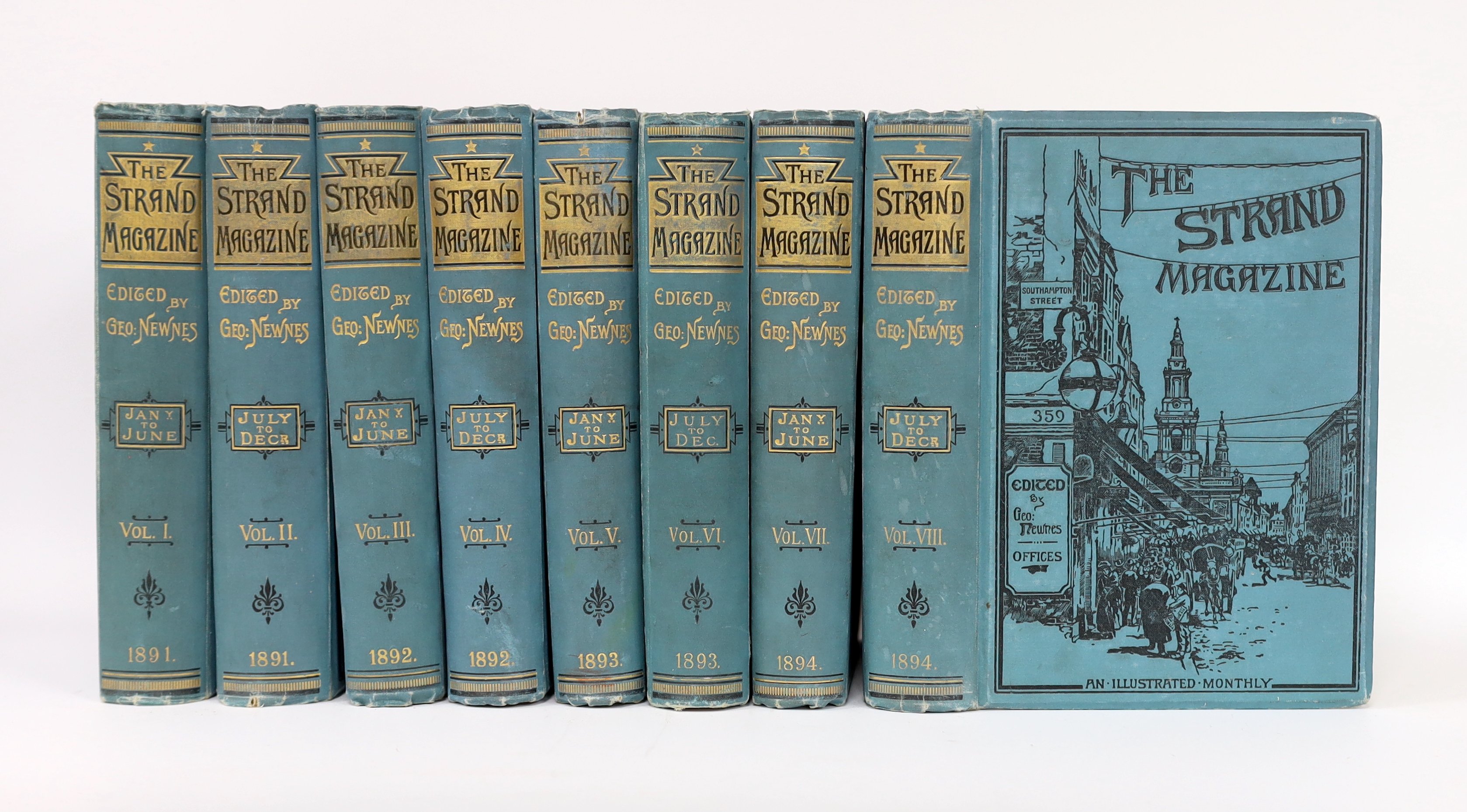 The Strand Magazine....vols. 1-8. illus. throughout; publisher's pictorial gilt lettered Cambridge blue cloth, 4to. 1891-94